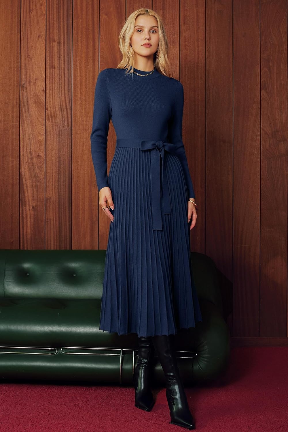image:imageArachampCloz Womens Wool Blend Mock Neck Fall Business Pleated Sweater DressNavy Blue