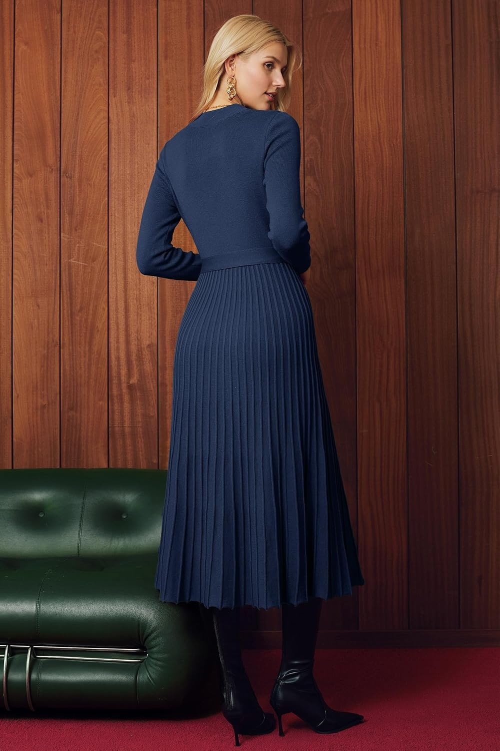 image:imageArachampCloz Womens Wool Blend Mock Neck Fall Business Pleated Sweater DressNavy Blue