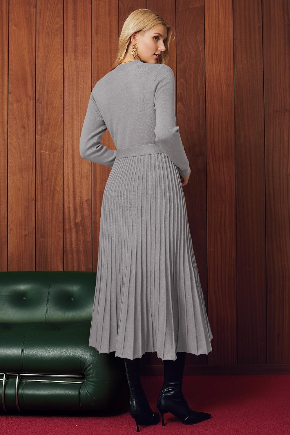 image:imageArachampCloz Womens Wool Blend Mock Neck Fall Business Pleated Sweater DressTaupe