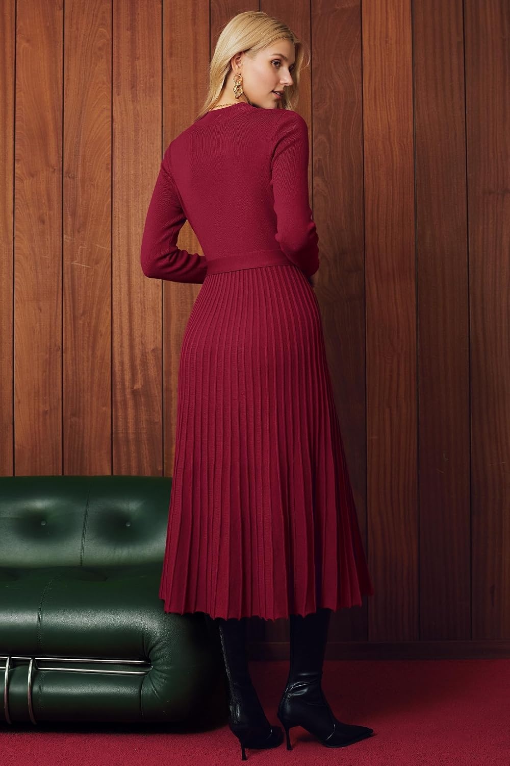 image:imageArachampCloz Womens Wool Blend Mock Neck Fall Business Pleated Sweater DressWine Red
