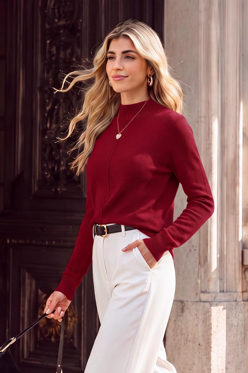 image:imageArachampCloz Womens Wool Blend Mock Neck Fall Sweater Business Casual OutfitBurgundy Red