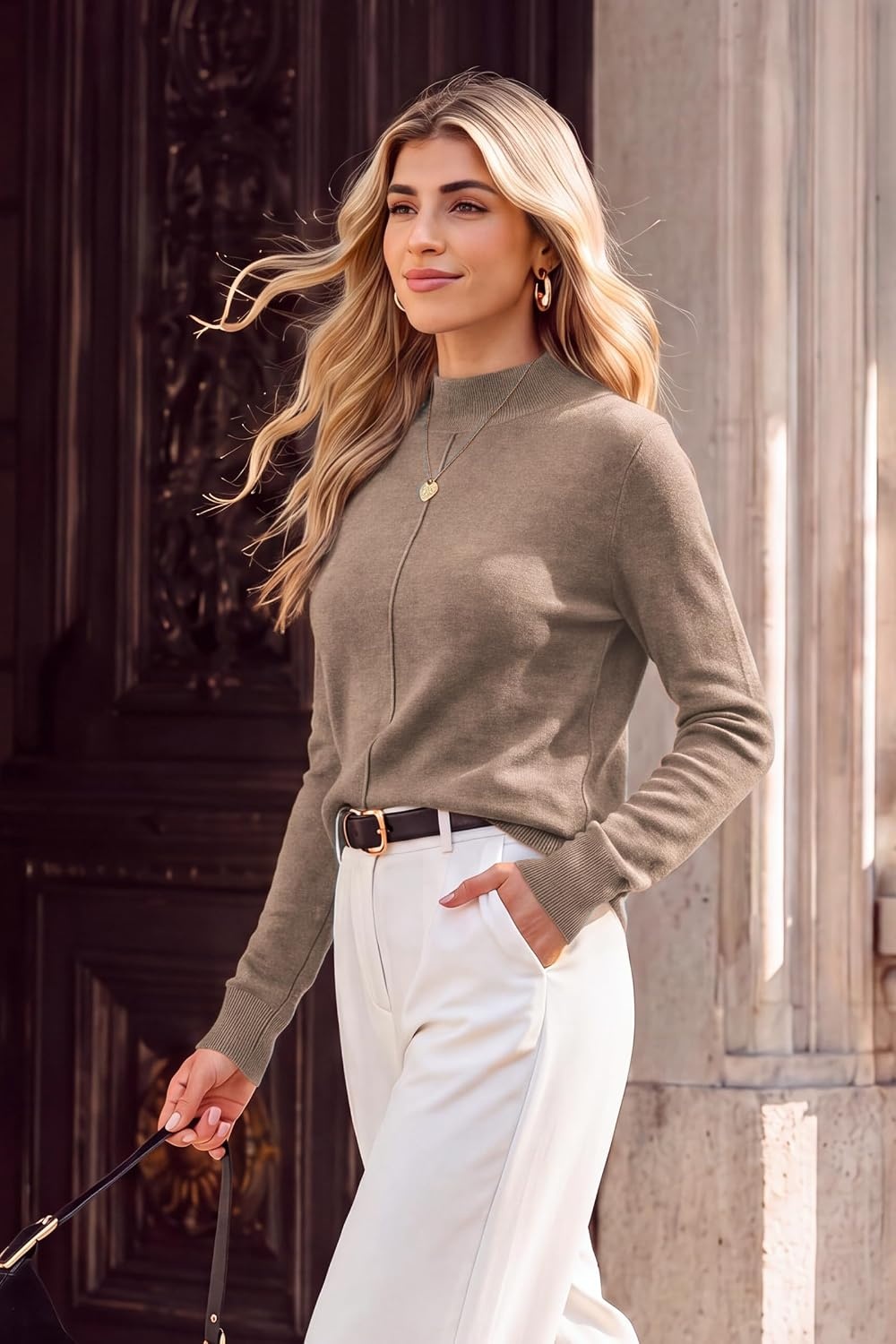 image:imageArachampCloz Womens Wool Blend Mock Neck Fall Sweater Business Casual OutfitCamel