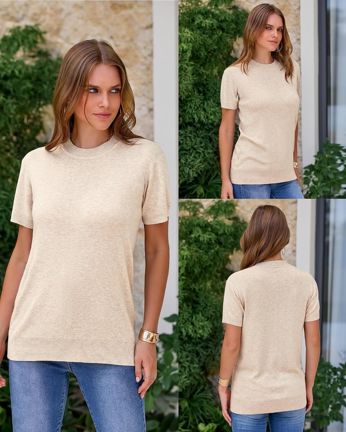 image:imageArachampCloz Womens Wool Blend Short Sleeve Sweater Business Casual TopsApricot