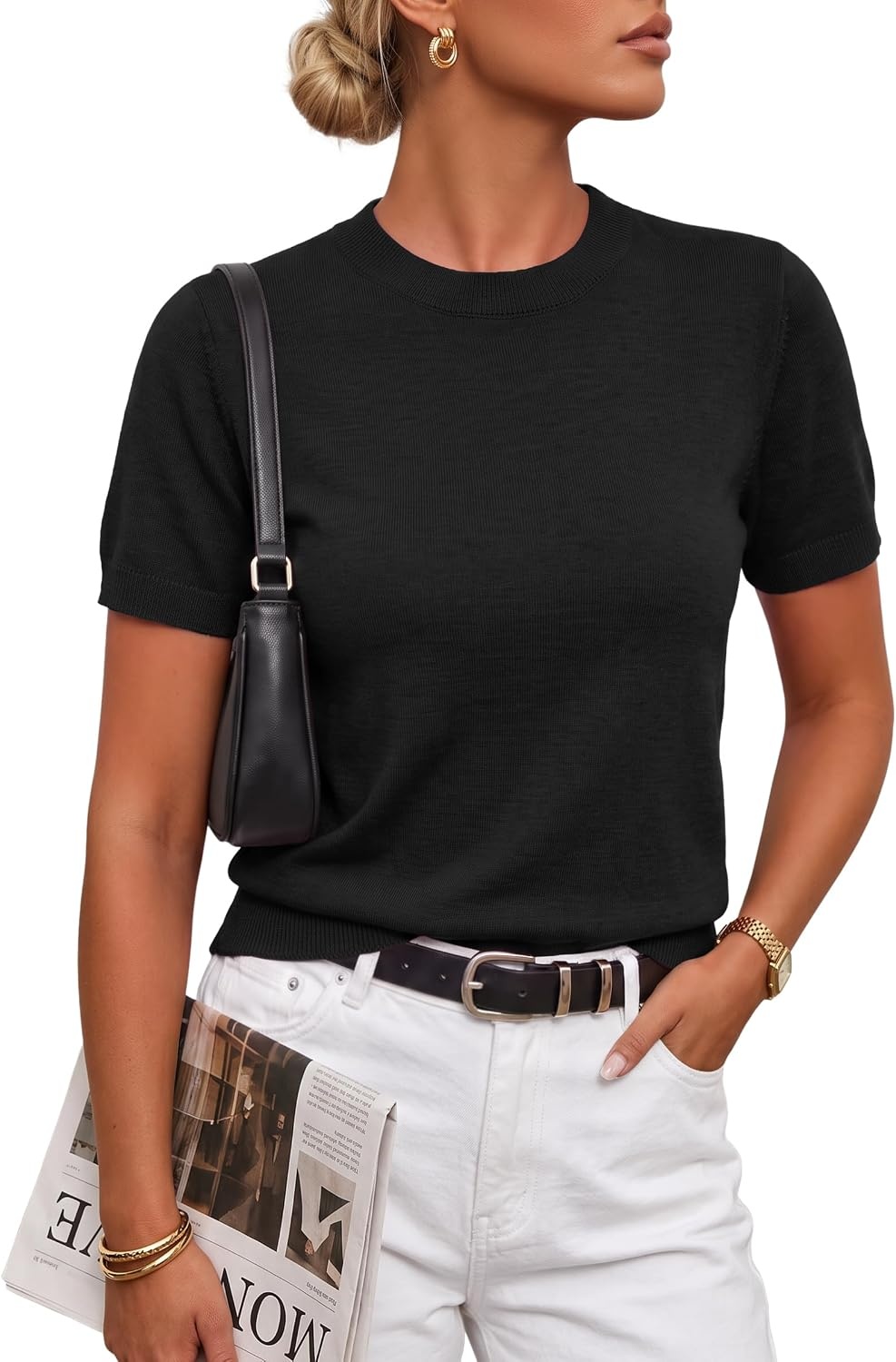image:imageArachampCloz Womens Wool Blend Short Sleeve Sweater Business Casual TopsBlack