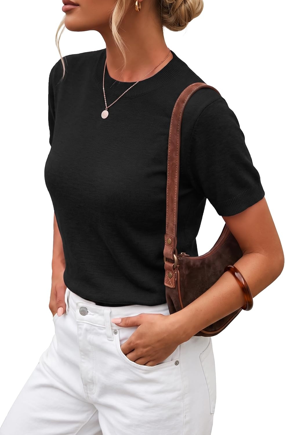 image:imageArachampCloz Womens Wool Blend Short Sleeve Sweater Business Casual TopsBlack