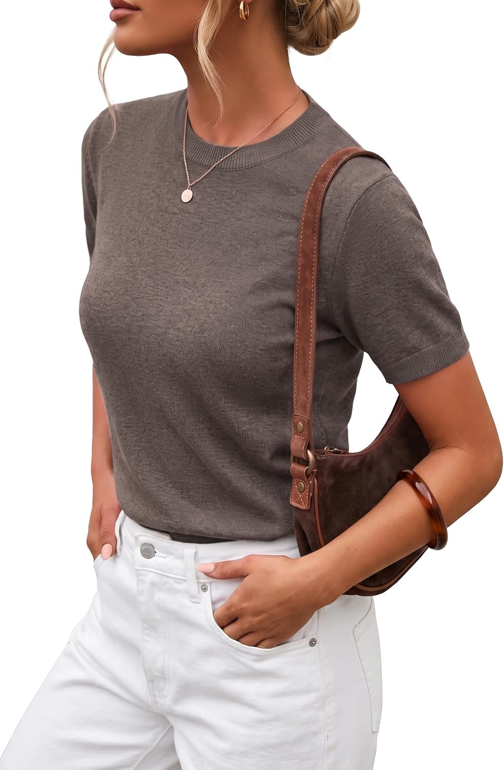 image:imageArachampCloz Womens Wool Blend Short Sleeve Sweater Business Casual TopsCoffee