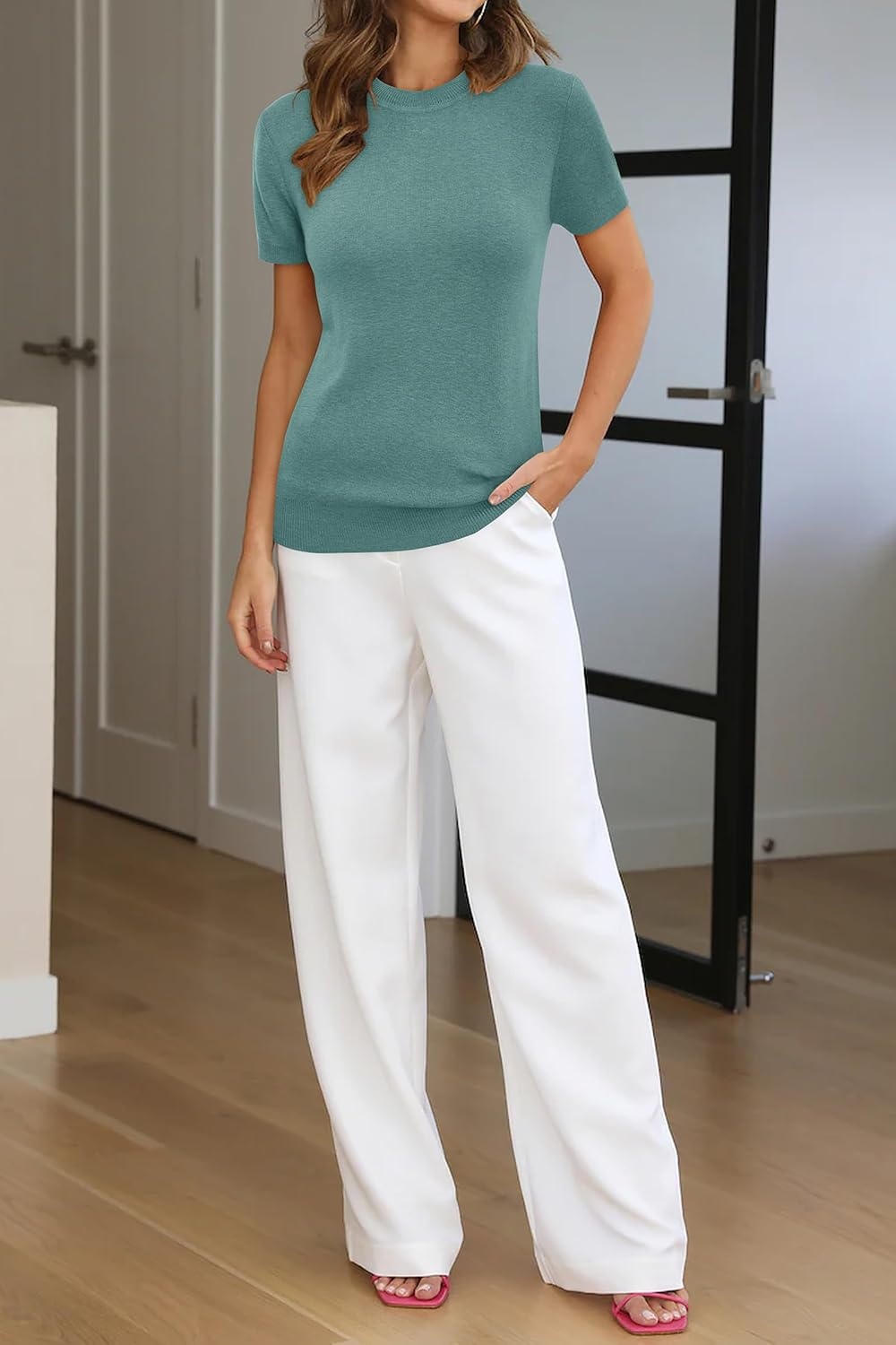 image:imageArachampCloz Womens Wool Blend Short Sleeve Sweater Business Casual TopsLake Blue