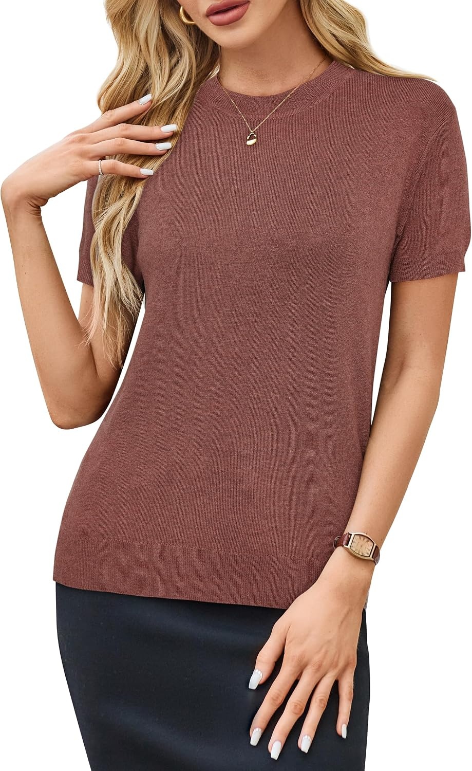 image:imageArachampCloz Womens Wool Blend Short Sleeve Sweater Business Casual TopsMapleleaf Red