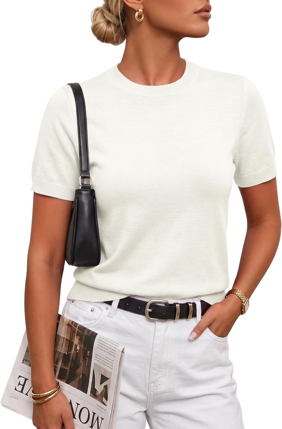 image:imageArachampCloz Womens Wool Blend Short Sleeve Sweater Business Casual TopsOffwhite
