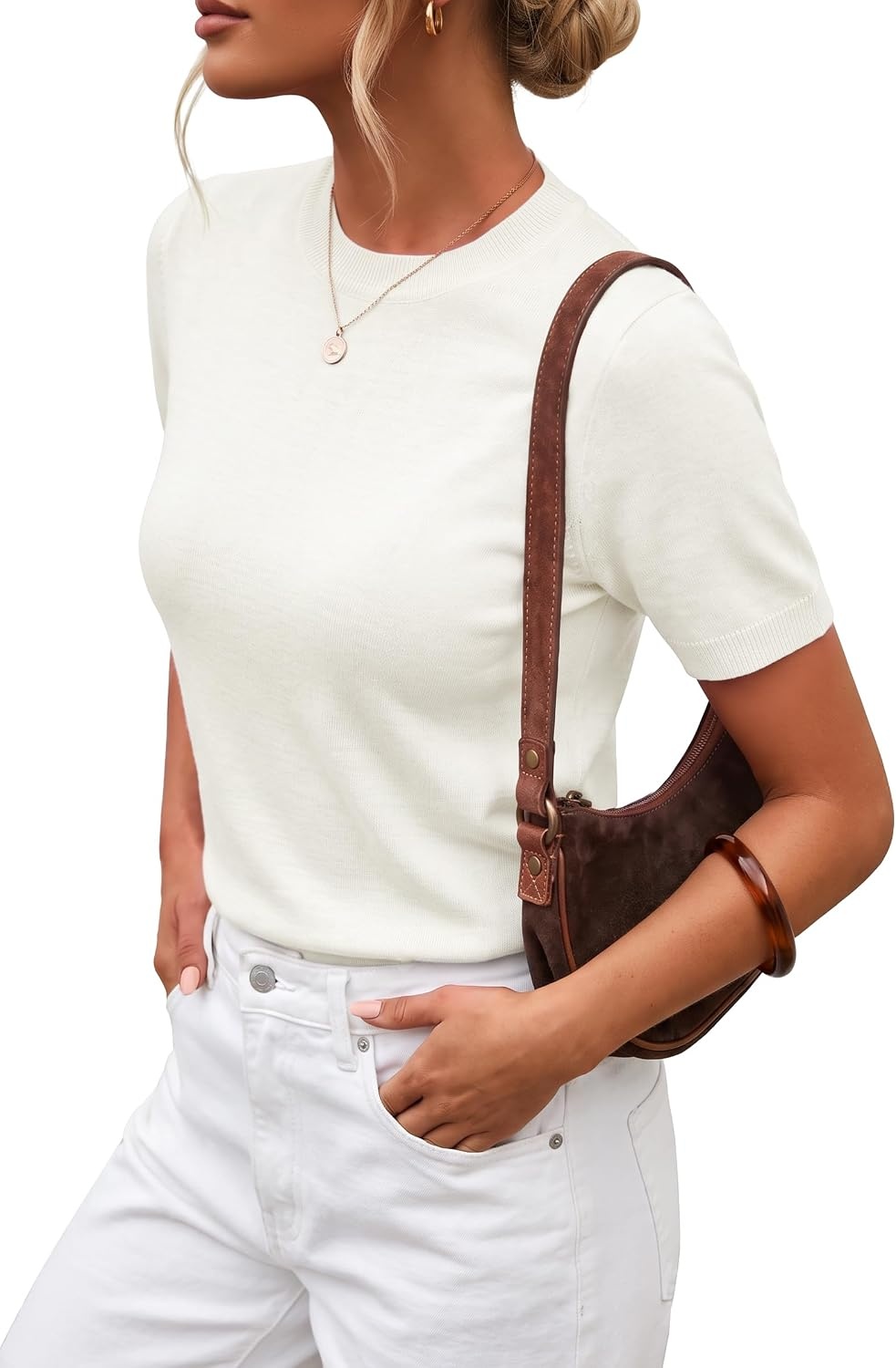 image:imageArachampCloz Womens Wool Blend Short Sleeve Sweater Business Casual TopsOffwhite