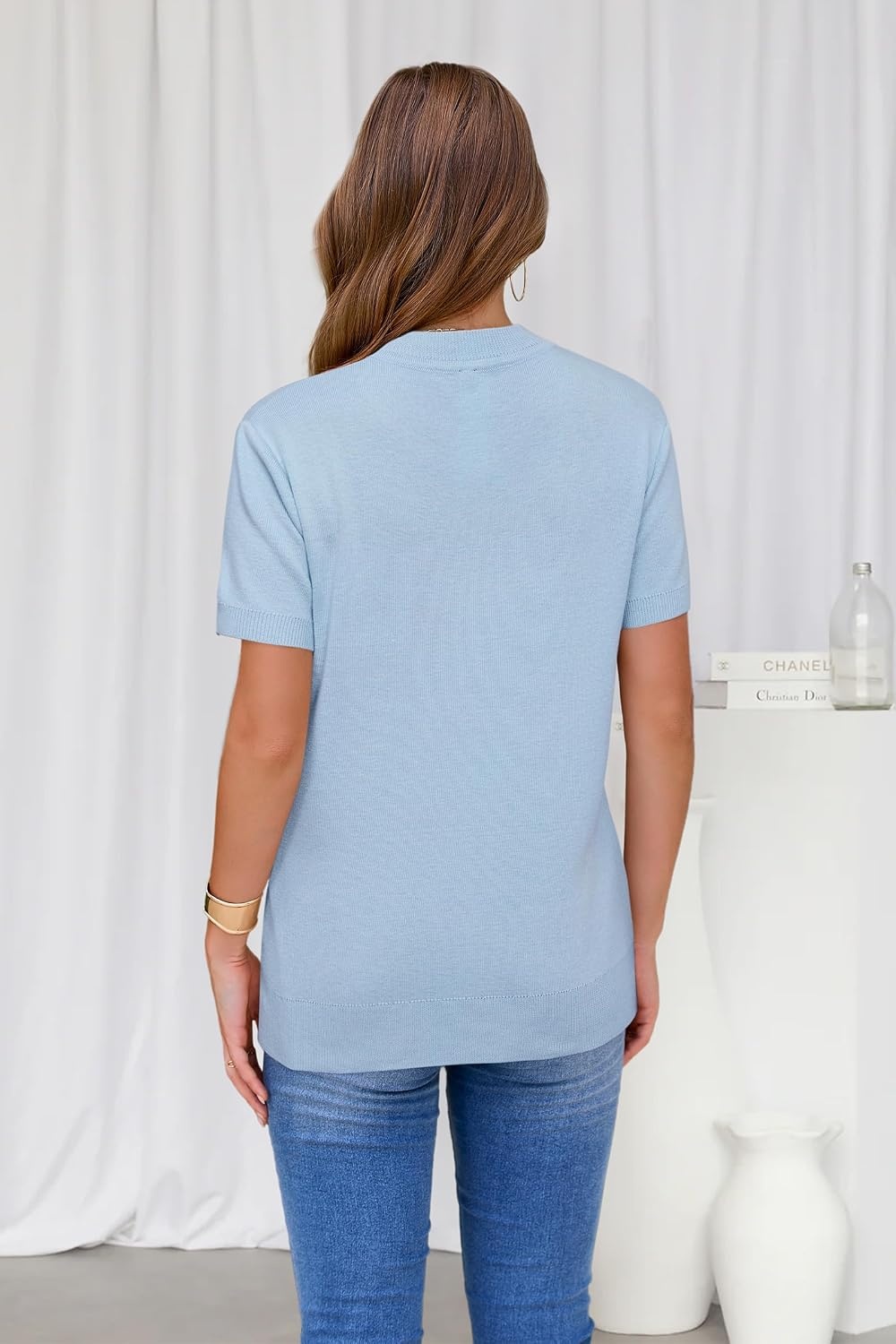 image:imageArachampCloz Womens Wool Blend Short Sleeve Sweater Business Casual TopsPale Blue