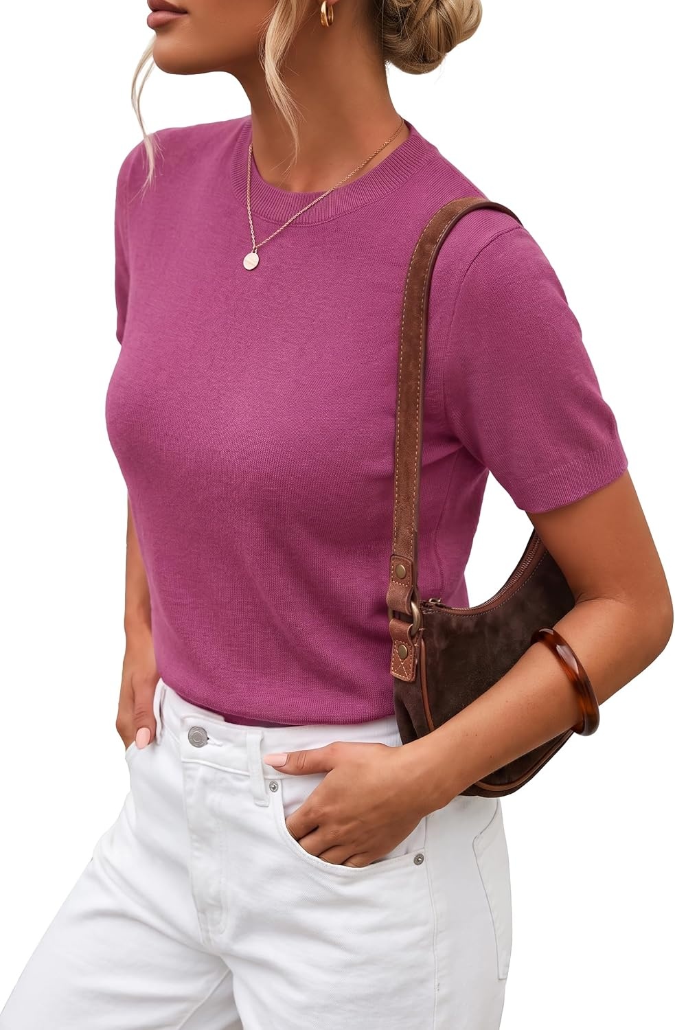 image:imageArachampCloz Womens Wool Blend Short Sleeve Sweater Business Casual TopsRaspberry Pink