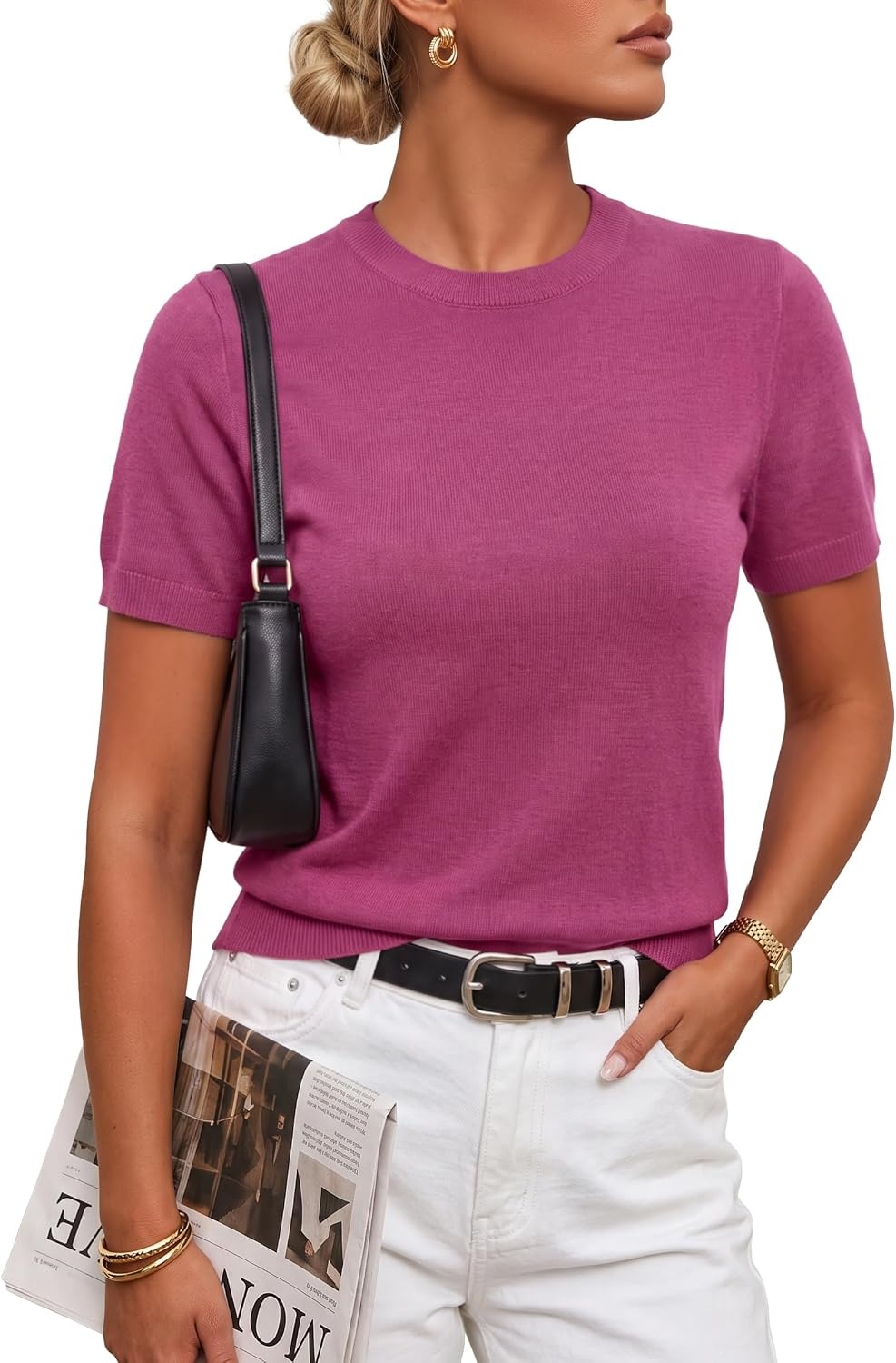 image:imageArachampCloz Womens Wool Blend Short Sleeve Sweater Business Casual TopsRaspberry Pink