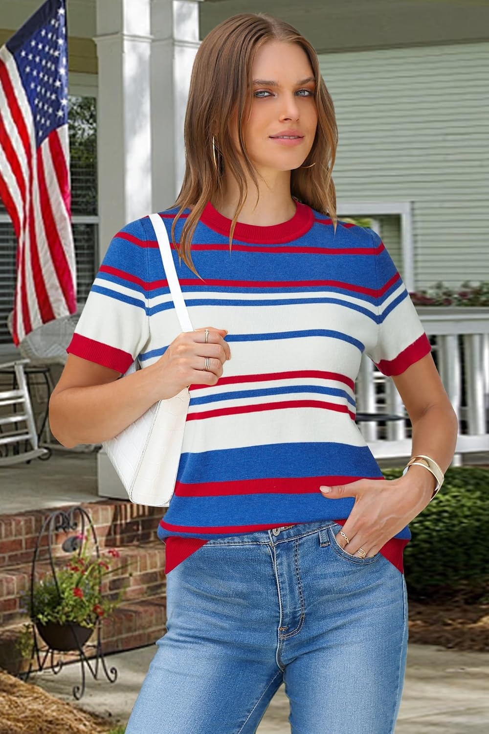image:imageArachampCloz Womens Wool Blend Short Sleeve Sweater Business Casual TopsRed White and Blue