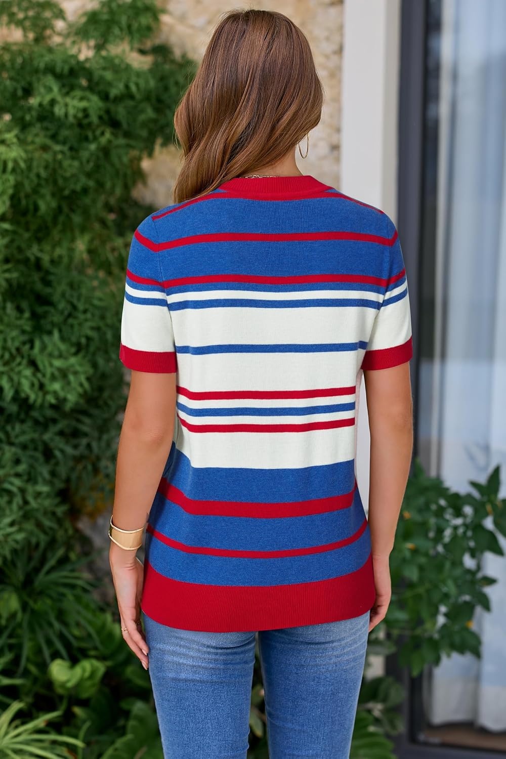 image:imageArachampCloz Womens Wool Blend Short Sleeve Sweater Business Casual TopsRed White and Blue