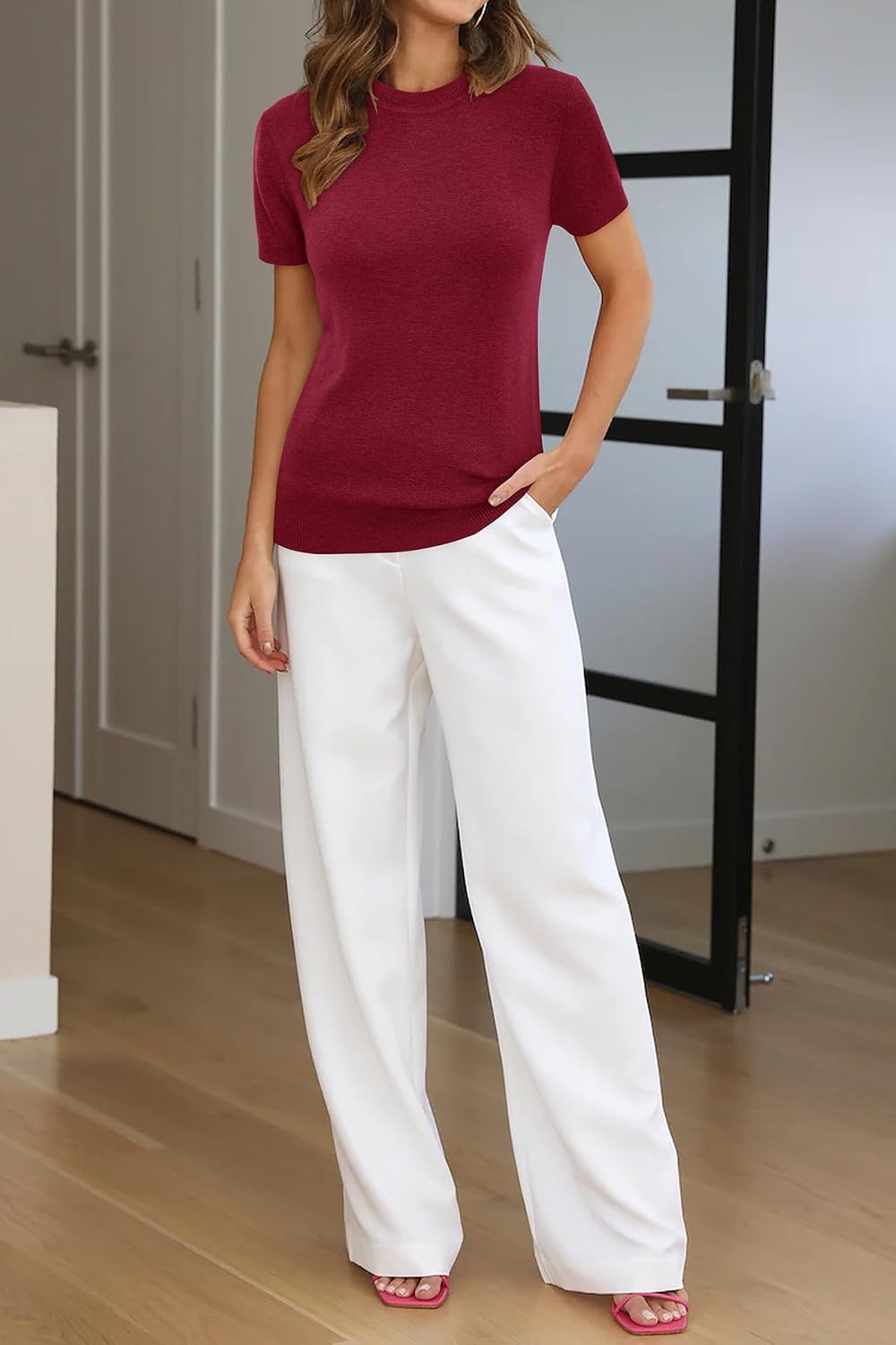 image:imageArachampCloz Womens Wool Blend Short Sleeve Sweater Business Casual TopsRed