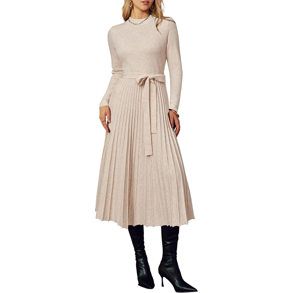 image:imageArachampCloz Womens Wool Blend Mock Neck Fall Business Pleated Sweater DressBeige