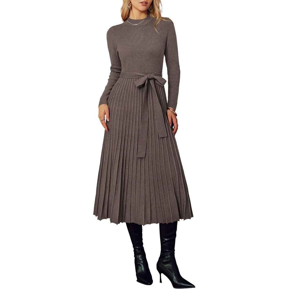 image:imageArachampCloz Womens Wool Blend Mock Neck Fall Business Pleated Sweater DressCoffee01