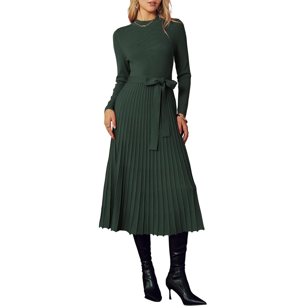 image:imageArachampCloz Womens Wool Blend Mock Neck Fall Business Pleated Sweater DressGreen