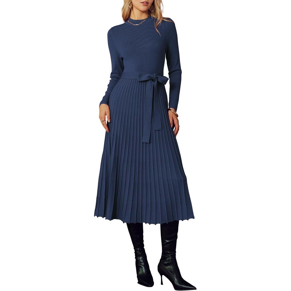 image:imageArachampCloz Womens Wool Blend Mock Neck Fall Business Pleated Sweater DressNavy