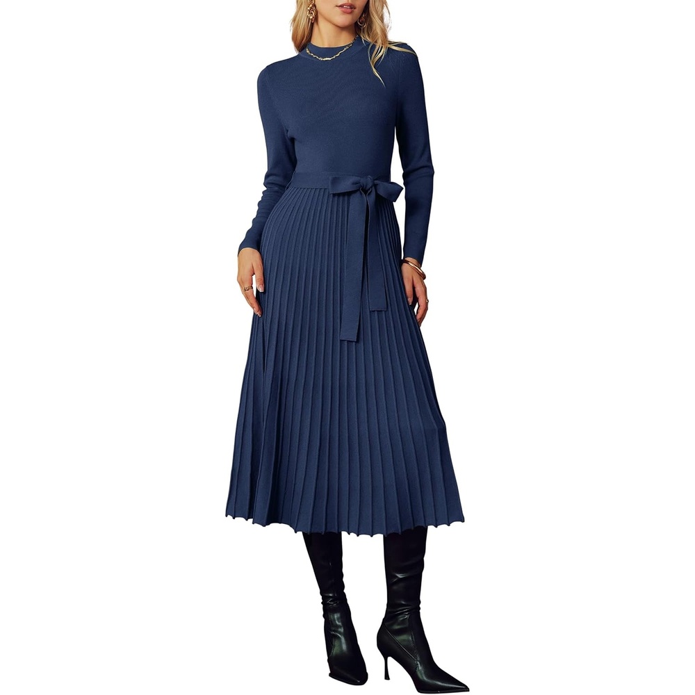 image:imageArachampCloz Womens Wool Blend Mock Neck Fall Business Pleated Sweater DressNavy Blue