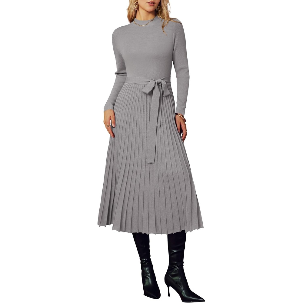 image:imageArachampCloz Womens Wool Blend Mock Neck Fall Business Pleated Sweater DressTaupe