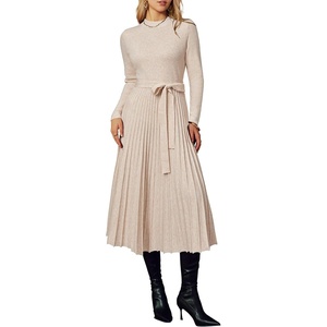 Arach&Cloz Women’s Wool Blend Mock Neck Fall Business Pleated Sweater Dress(Beige)