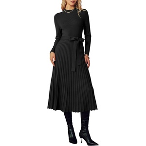 Arach&Cloz Women’s Wool Blend Mock Neck Fall Business Pleated Sweater Dress(Black01)