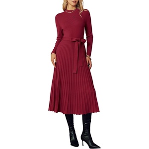 Arach&Cloz Women’s Wool Blend Mock Neck Fall Business Pleated Sweater Dress(Burgundy)