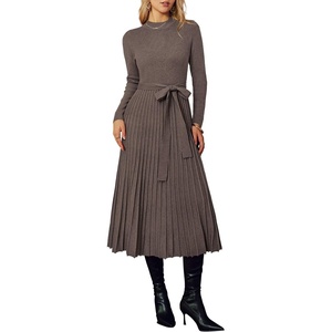 Arach&Cloz Women’s Wool Blend Mock Neck Fall Business Pleated Sweater Dress(Coffee01)
