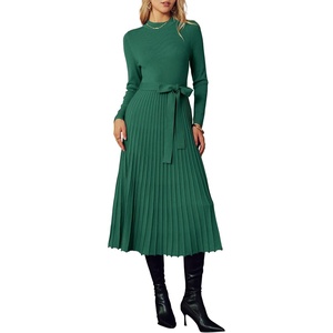 Arach&Cloz Women’s Wool Blend Mock Neck Fall Business Pleated Sweater Dress(Forest Green)