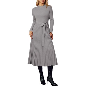 Arach&Cloz Women’s Wool Blend Mock Neck Fall Business Pleated Sweater Dress(Taupe)
