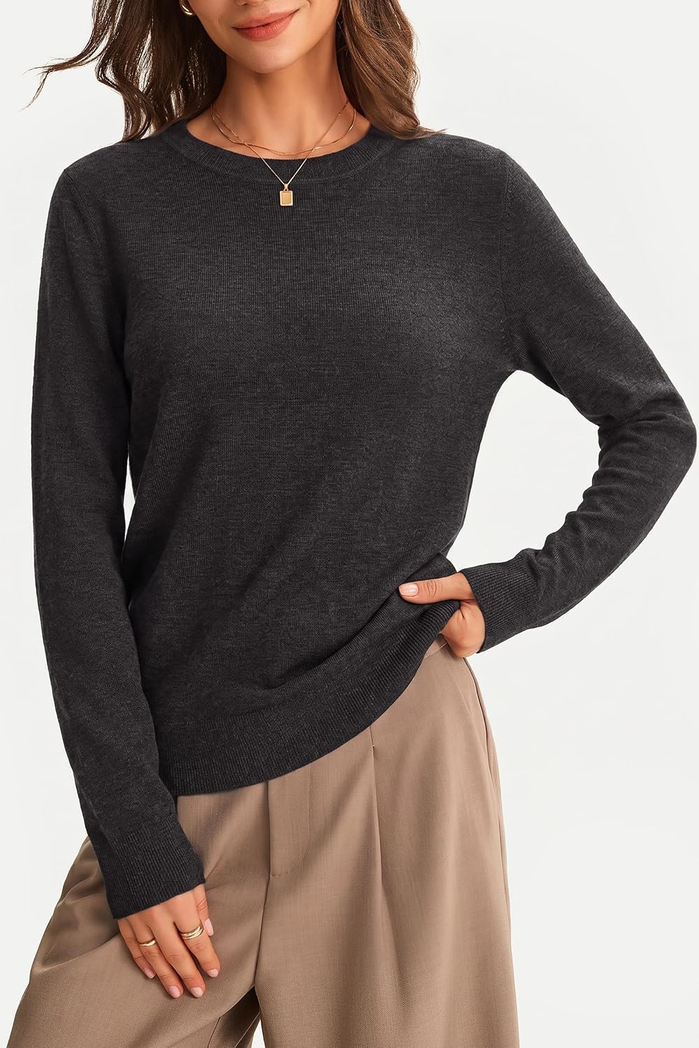 image:imageArachampCloz Womens 100 Merino Wool Long Sleeve Crew Neck Fall Work SweaterDark Gray