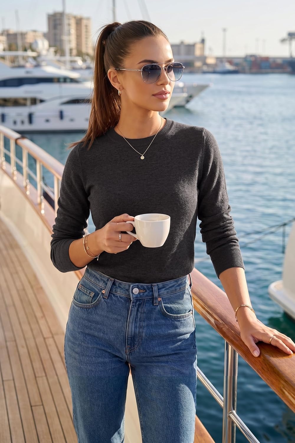 image:imageArachampCloz Womens 100 Merino Wool Long Sleeve Crew Neck Fall Work SweaterDark Gray