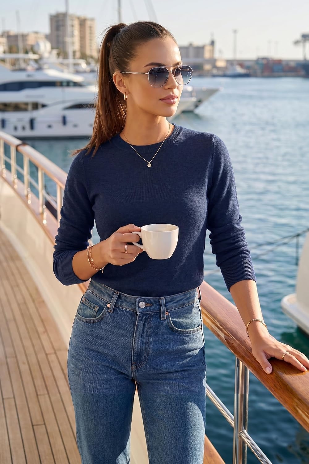 image:imageArachampCloz Womens 100 Merino Wool Long Sleeve Crew Neck Fall Work SweaterNavy Blue