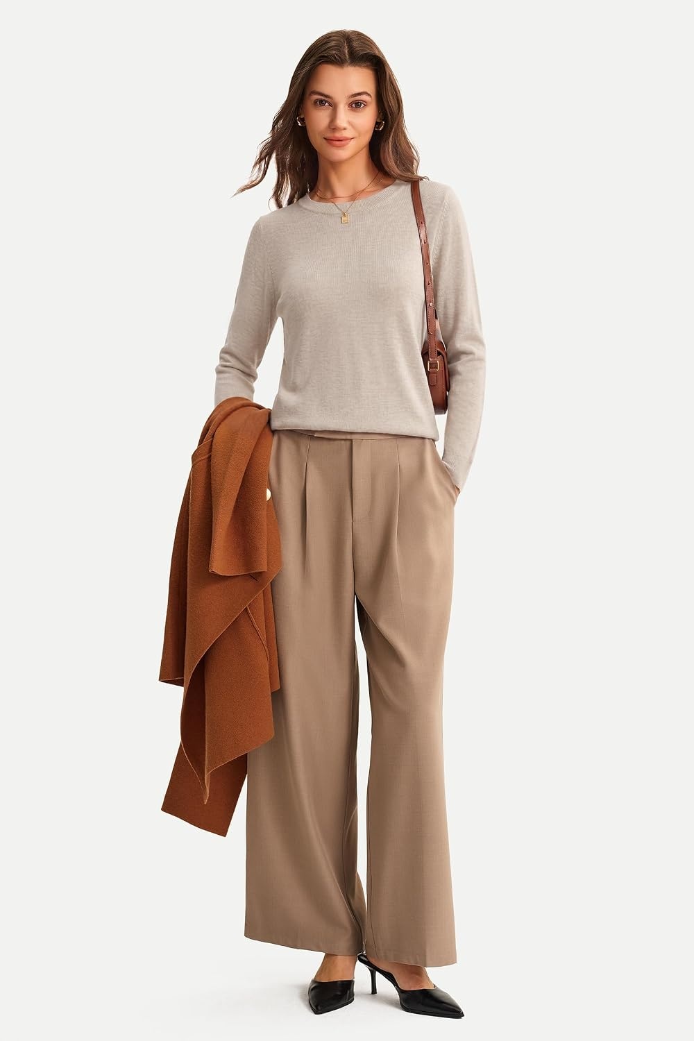 image:imageArachampCloz Womens 100 Merino Wool Long Sleeve Crew Neck Fall Work SweaterOatmeal