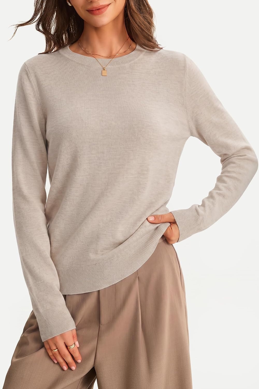 image:imageArachampCloz Womens 100 Merino Wool Long Sleeve Crew Neck Fall Work SweaterOatmeal