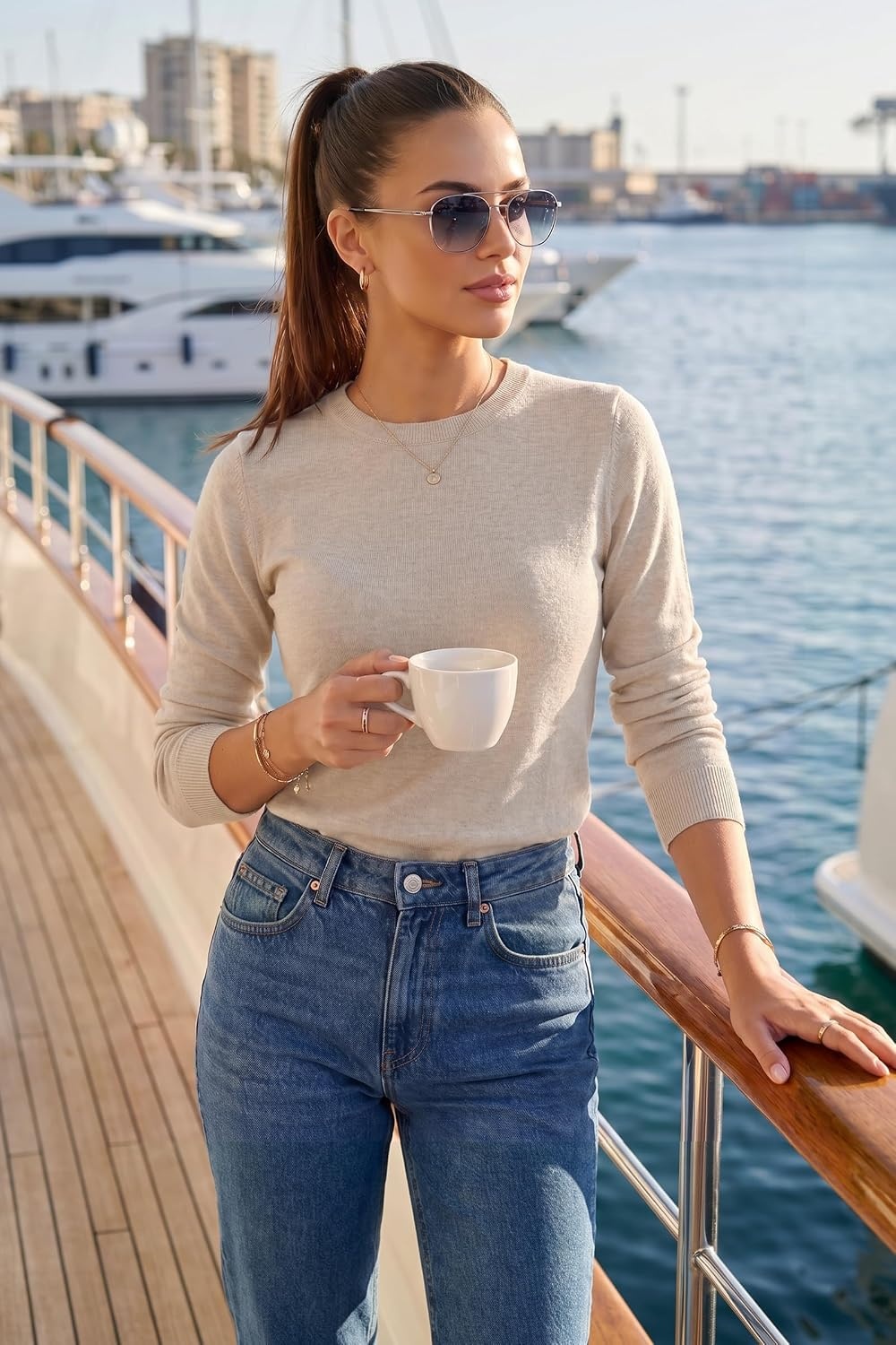 image:imageArachampCloz Womens 100 Merino Wool Long Sleeve Crew Neck Fall Work SweaterOatmeal