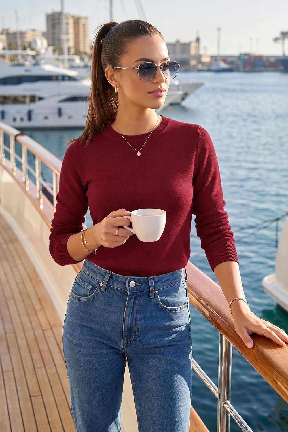 image:imageArachampCloz Womens 100 Merino Wool Long Sleeve Crew Neck Fall Work SweaterRed