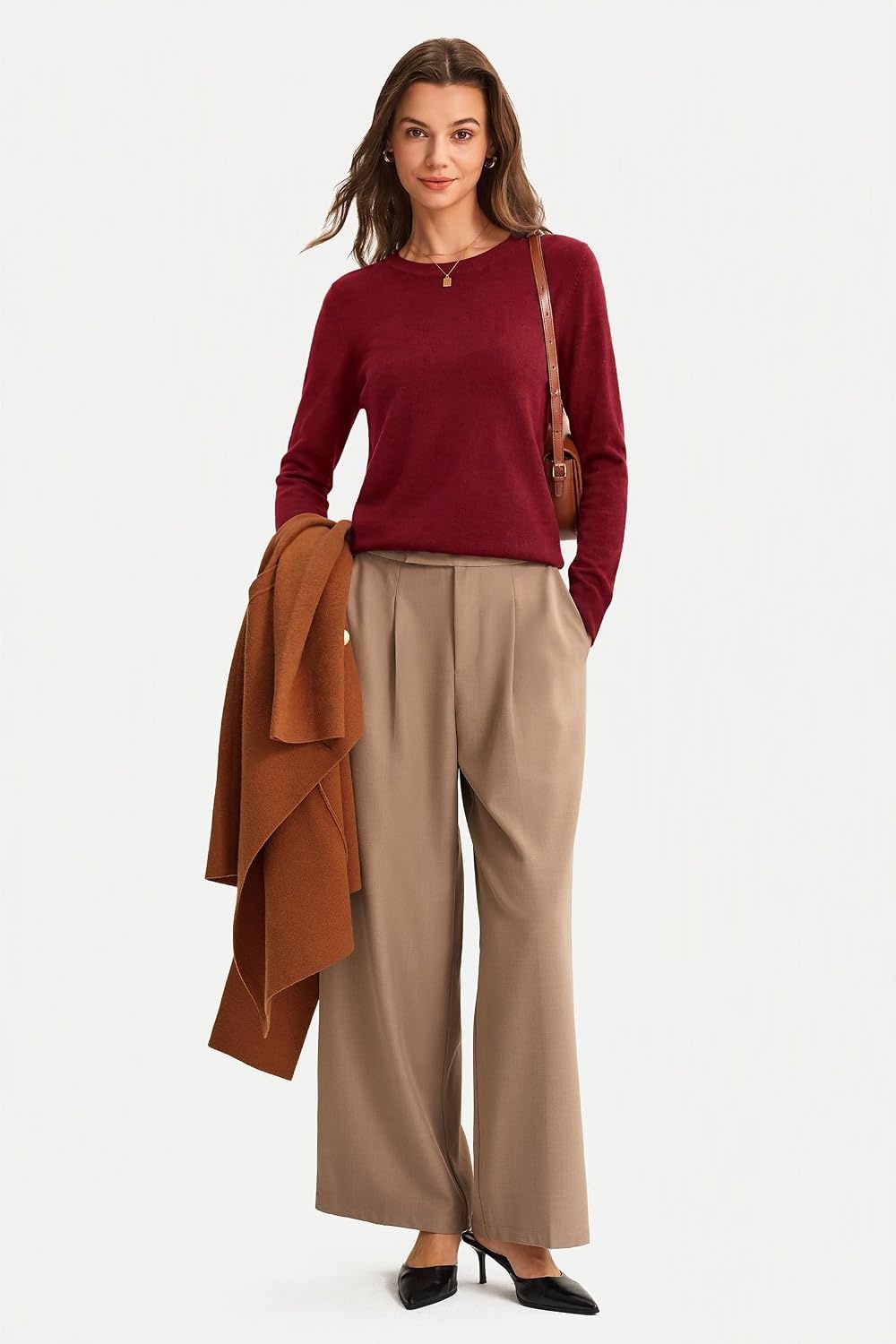 image:imageArachampCloz Womens 100 Merino Wool Long Sleeve Crew Neck Fall Work SweaterRed