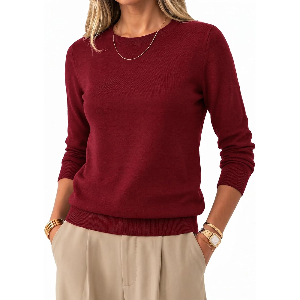 image:imageArachampCloz Womens 100 Merino Wool Long Sleeve Crew Neck Fall Work SweaterRed