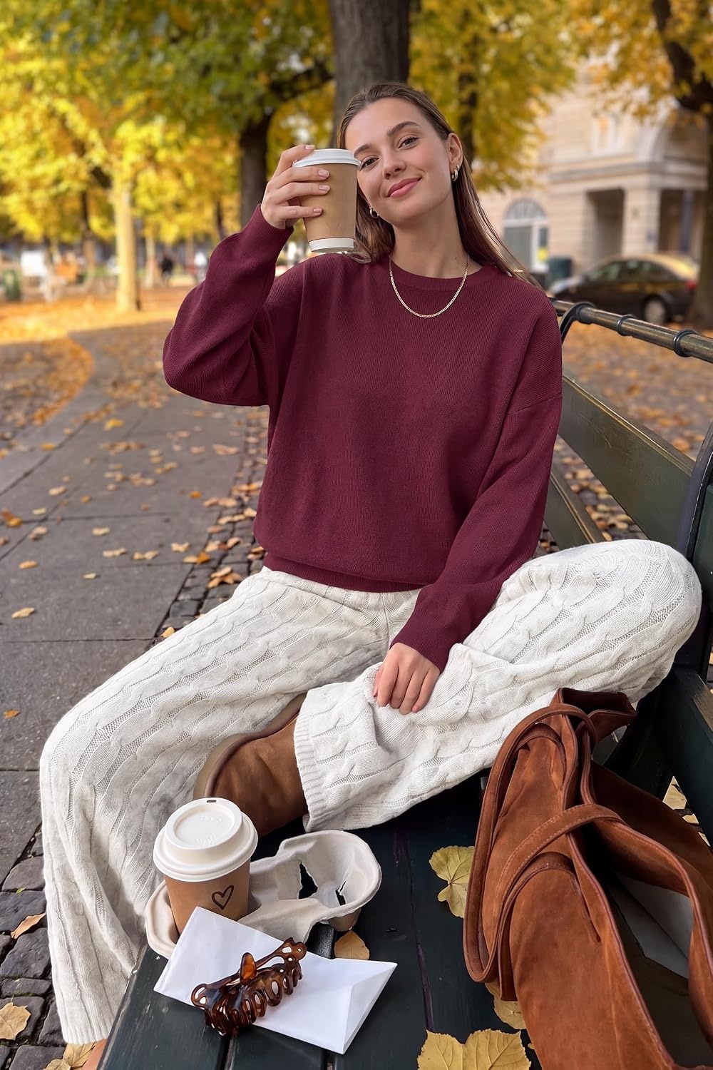 image:imageArachampCloz Womens Wool Blend Oversized Sweaters Fall Fashion Outfits 2026Burgundy